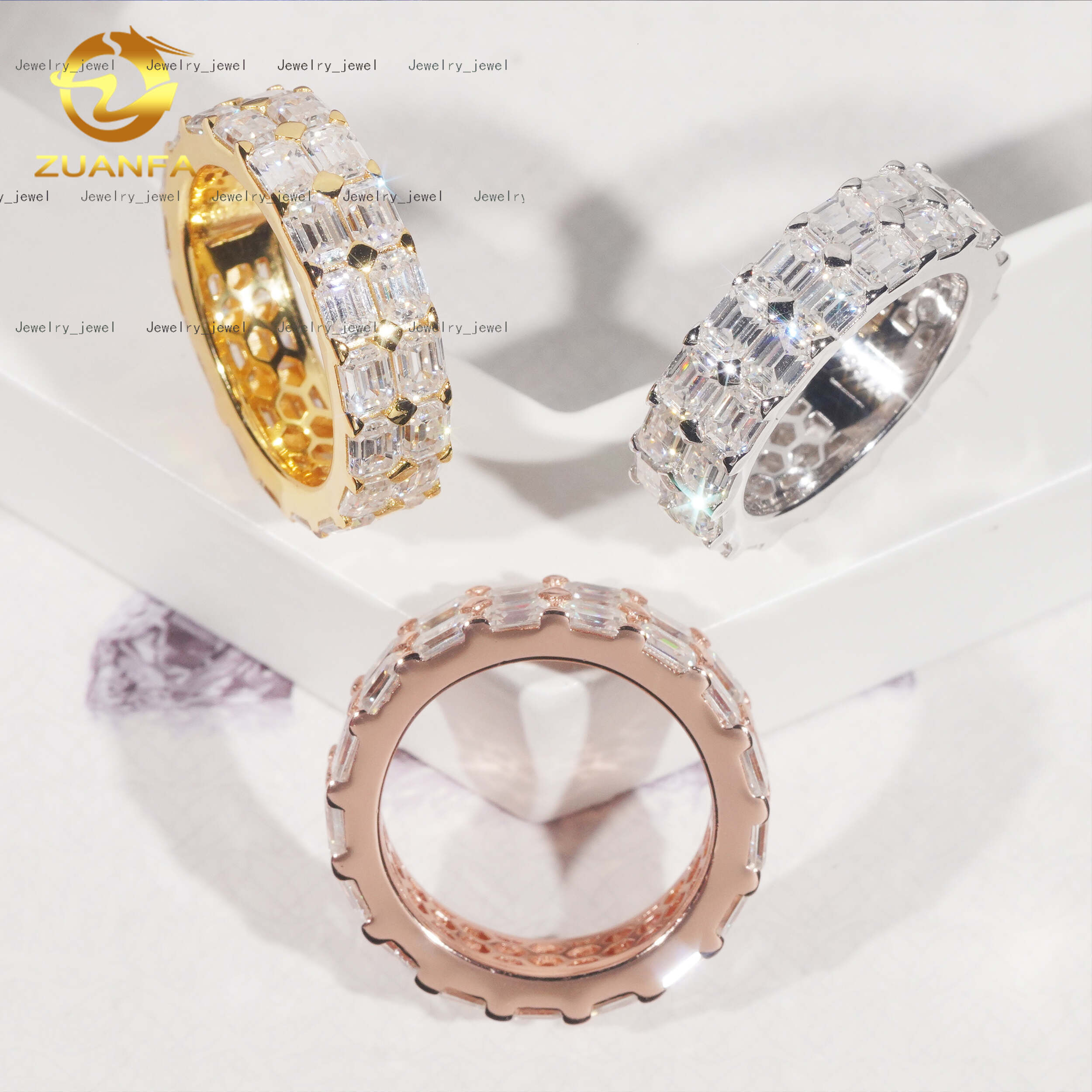 Hip Hop Ring Two Row Baguette Moissanite S925 Prong Setting Hip Hop Jewelry Rapper Ring Factory Price Iced Out Ring for Man