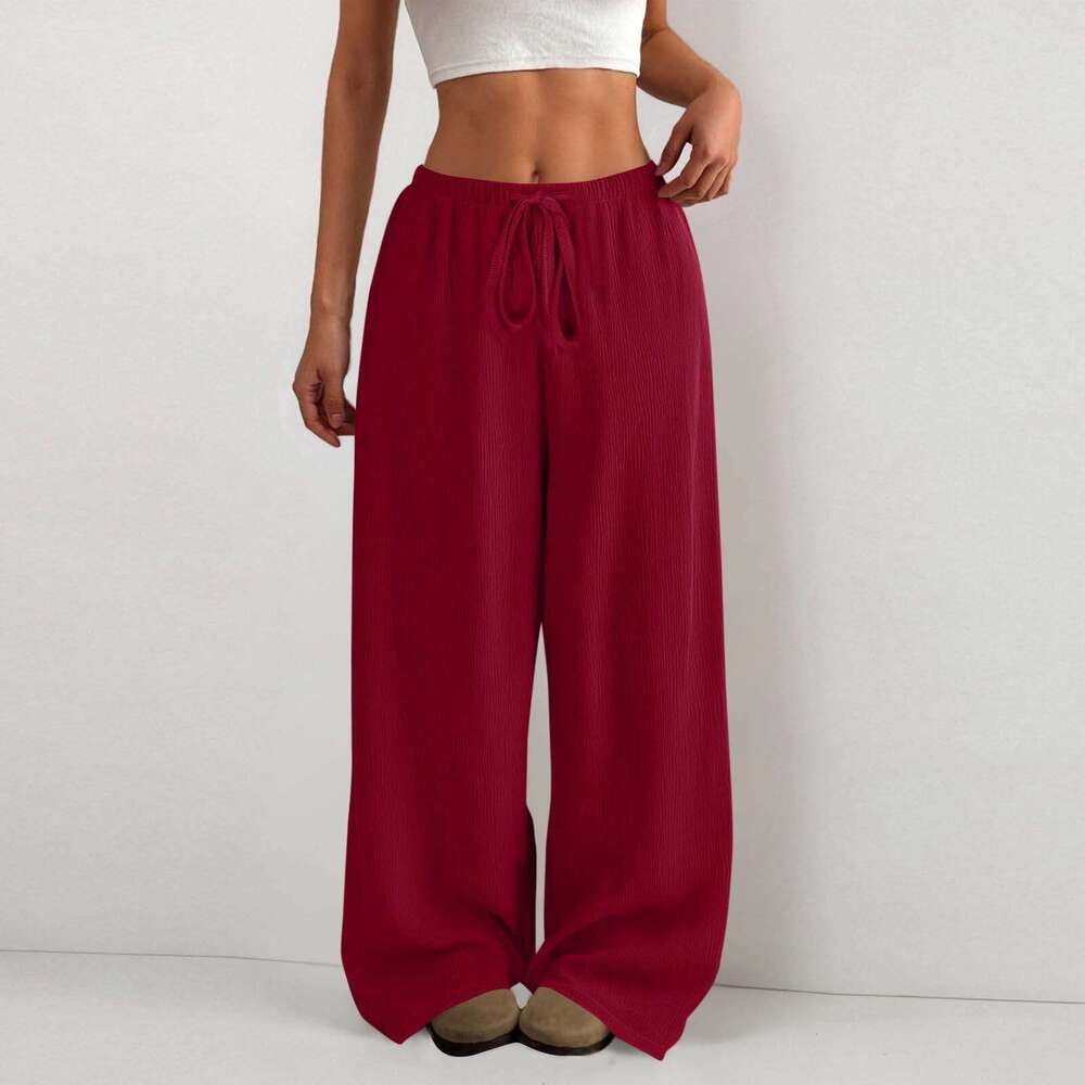Amazon Cross-Border European And American New Style Women's Solid Color Loose Bark Wrinkle Draped Waist Drawstring Wide-Leg Casual Long Pants aef