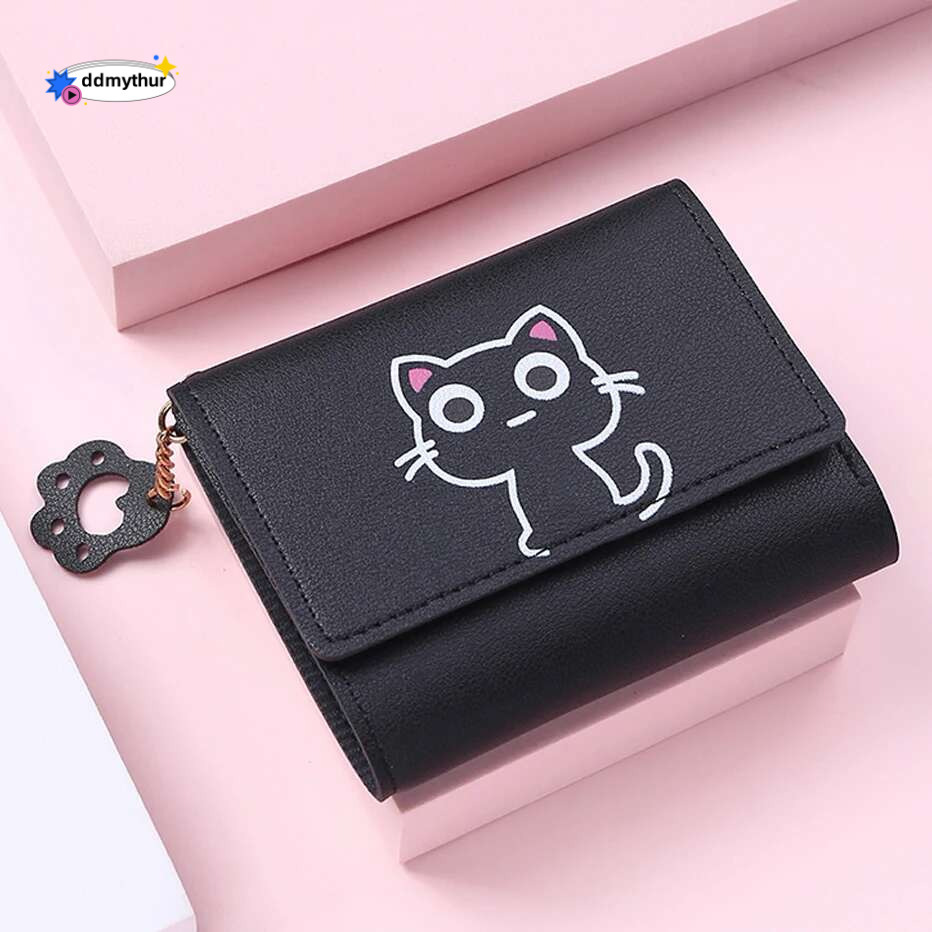Women's Cute Cat Female Small Short PU Leather Purse Ladies Card Holder Money Bag Hasp Creative Fashion Wallet Girls Gift ddmythur