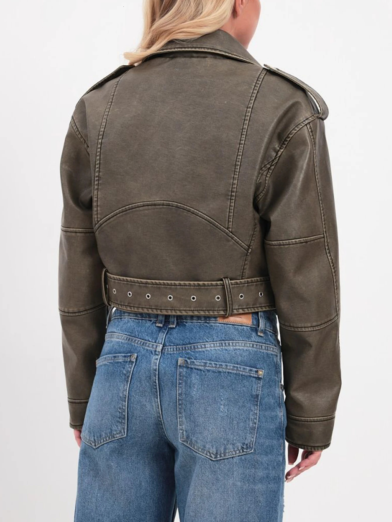 Womens synthetic leather short sleeved jacket retro womens belt zipper motorcycle 250409