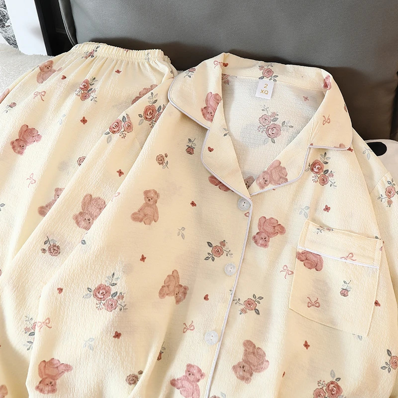 Womens Pajama Set Y2K Cartoon Bear Flower Print Autumn Kawaii Harajuku Style Casual Home 250409