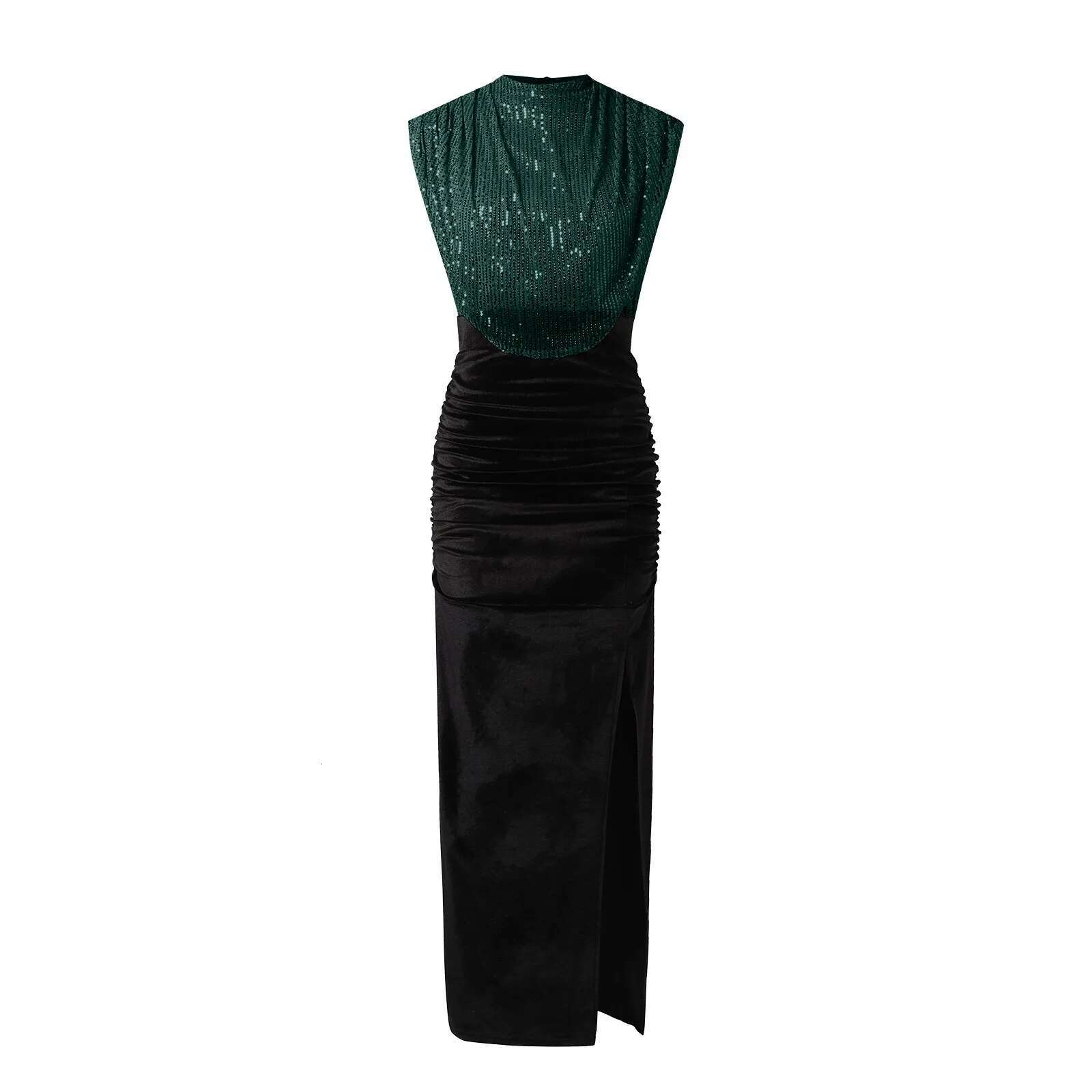 Dongdumaoyi Sexy Sequin Slit Evening Dress Women Fashiona Round Neck Sleeveless High Waisted Christmas Party