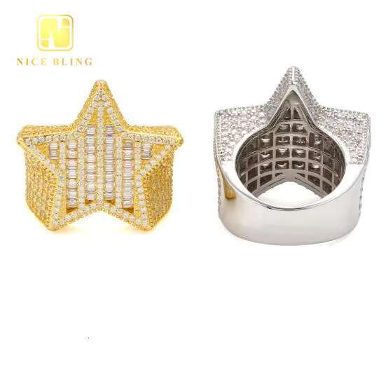 Classic Custom Baguette Star Hip Hop Style Men Ring Iced Out VVS Moissanite Diamond Jewelry 925 Sterling Silver Rings Men Women