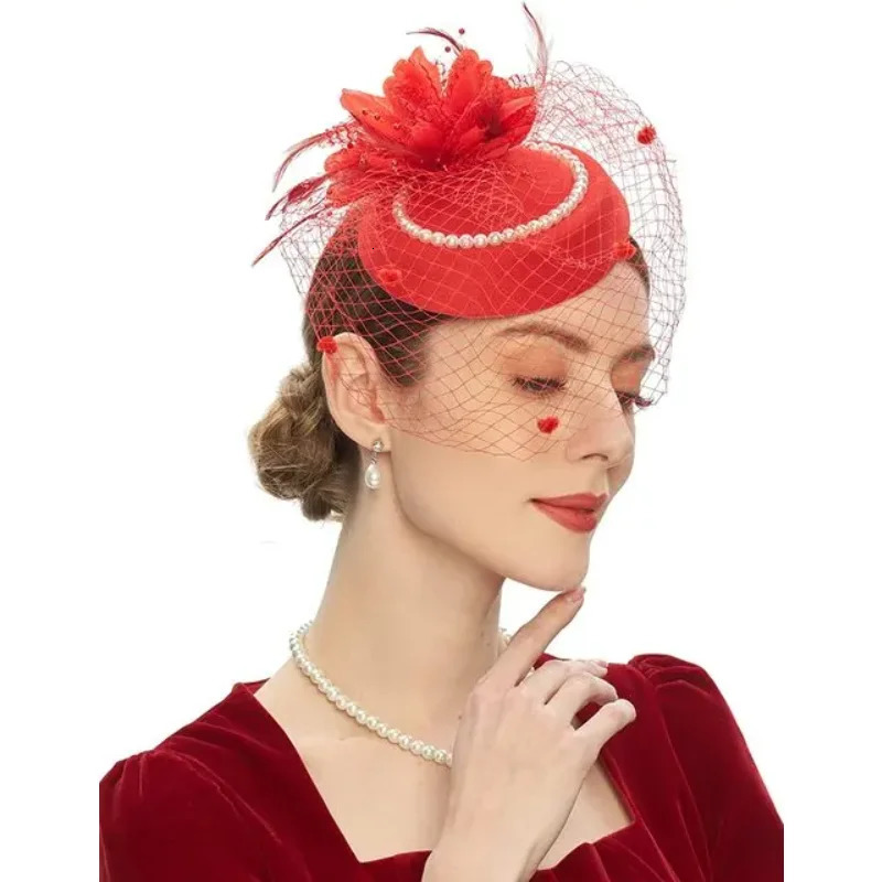 Elegant Pillbox Hats 20s 50s Vintage Pearl Fascinators Hat for Women with Feather Mesh Veil Clip Bridal Wedding Tea Party 250409