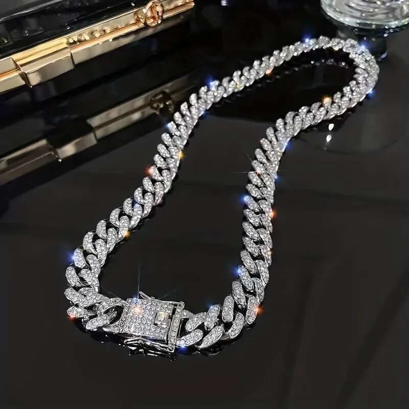 Rose Iced Out Rhinestones Cuban Chain Necklace For Men Women Bling Crystal Prong Cuban Link Choker Necklace Jewelry Gift