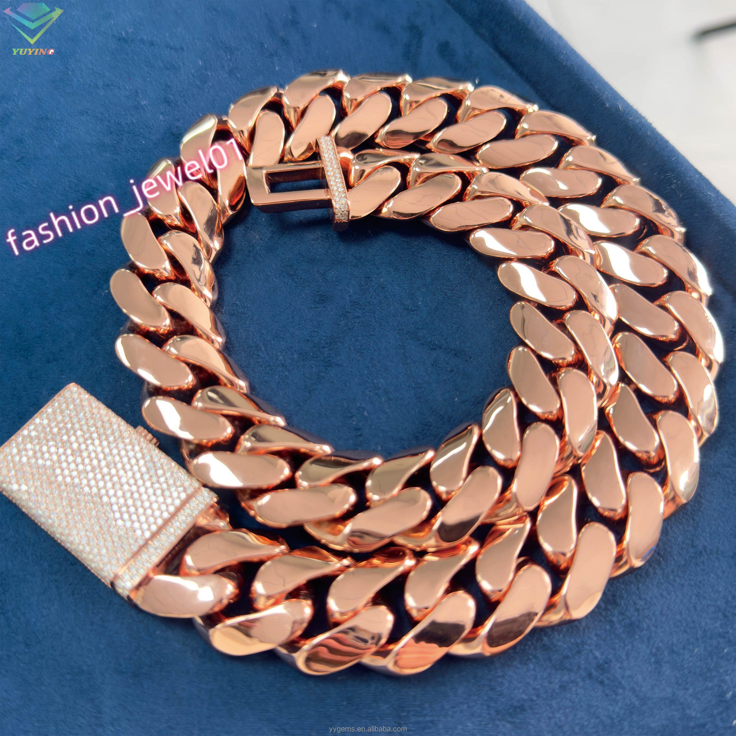 Solid 925 Silver Miami Necklace 8mm-25mm Wide 18k Gold Plated Rose Gold Cuban Link Chain