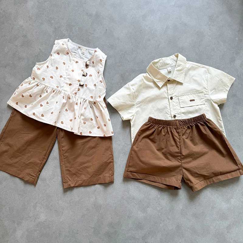 2PCs Childrens Summer Short Sleeve Set Boys Cotton Shirts Girls Sleeveless Top and Cropped Pants Set Brothers and sisters Clothing S2548