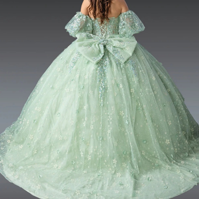 Mint Green Shiny Princess Quinceanera Dresses Off Shoulder Applique Beads Tull Puff Sleeve Sweet 16 Dress Ball Gown Vestidos 15 De Anos