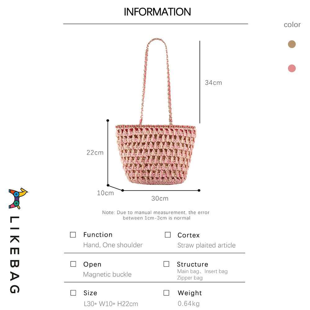 LIKEBAG 2024 New Travel Holiday Beach Straw Fashion Color Contrast Hollow Design Braided Bag Delicate Metal Chain Shoulder W