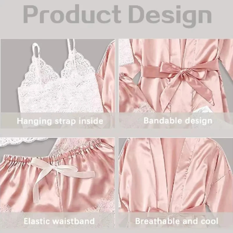 Womens summer sexy sleepwear set 4 pieces of lace satin silk fashionable and comfortable 250409