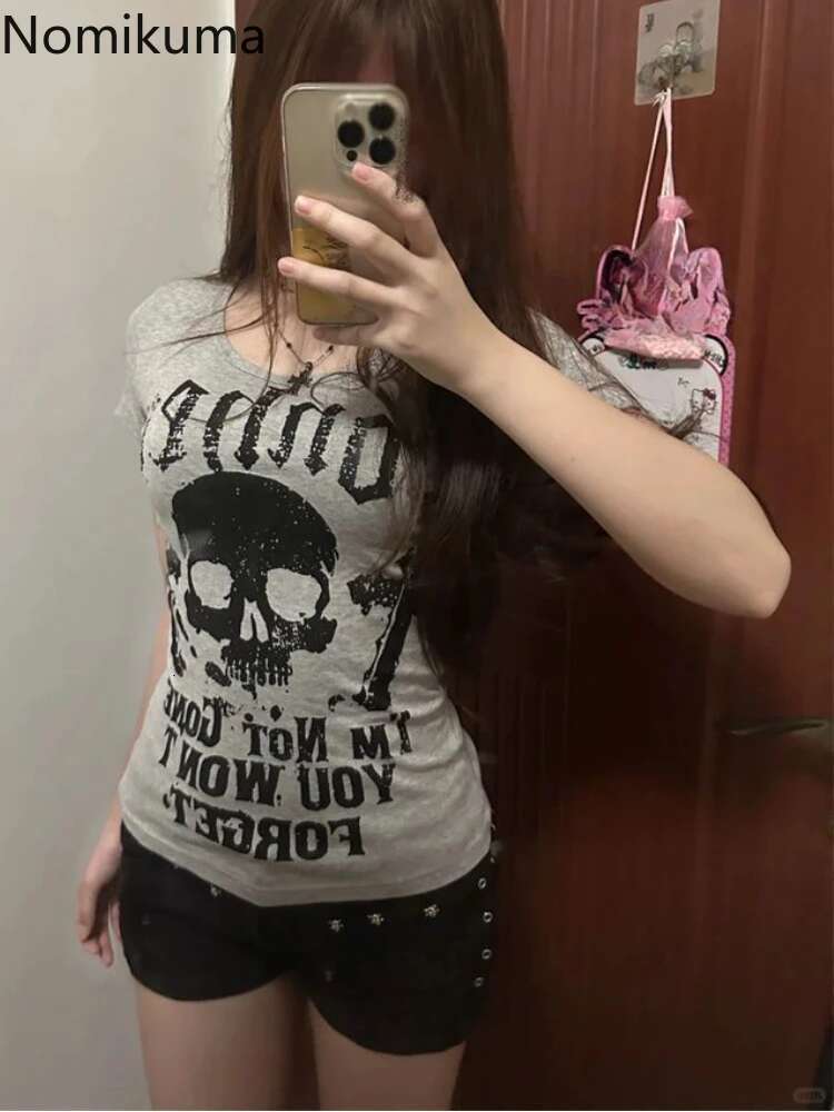 Vintage Woman T Shirts Slim Waist Punk Tees 2025 Ropa Mujer Short Sleeve Fashion Camisetas Skull Print Casual Y2k Tshirt Tops