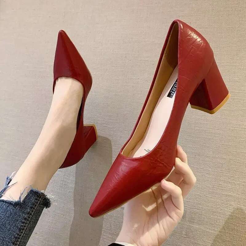 Chunky Heels Woman Footwear High Shoes for Women Pointed Toe Office Square Moccasins Pumps Red Shoe with Discount Lastest L E 39