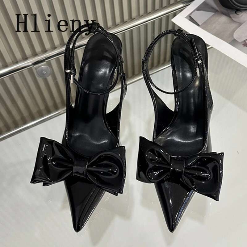 Hlieny Wine Red Ankle Strap Stilettos For Woman Patent Leather Bow Pointed Toe Sgbacks High Heels Sandals Women Pumps Shoes