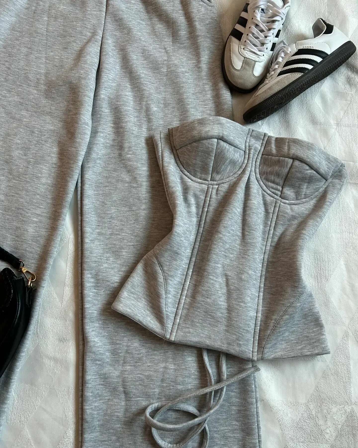 Y2K New retro light gray for women sexy slim body suit Goth high waist casual sweatpants hot girls spring two-piece set