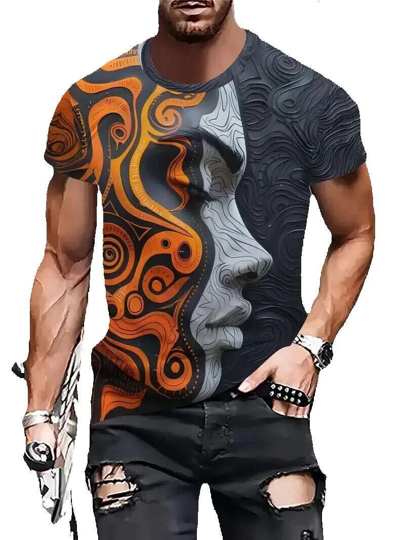 Fashionable and funny 3D facial print summer casual round neck short sleeved sweater outdoor T-shirt men's oversized clothing