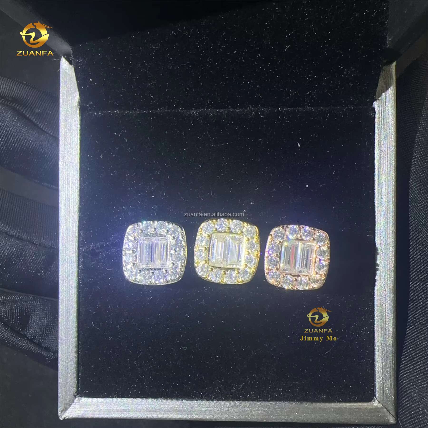 New Arrivals Bulk Stock Iced Out Man Stud Earrings Baguette Moissanite Diamond Screw Back Setting Hip Hop Stud Earring 925