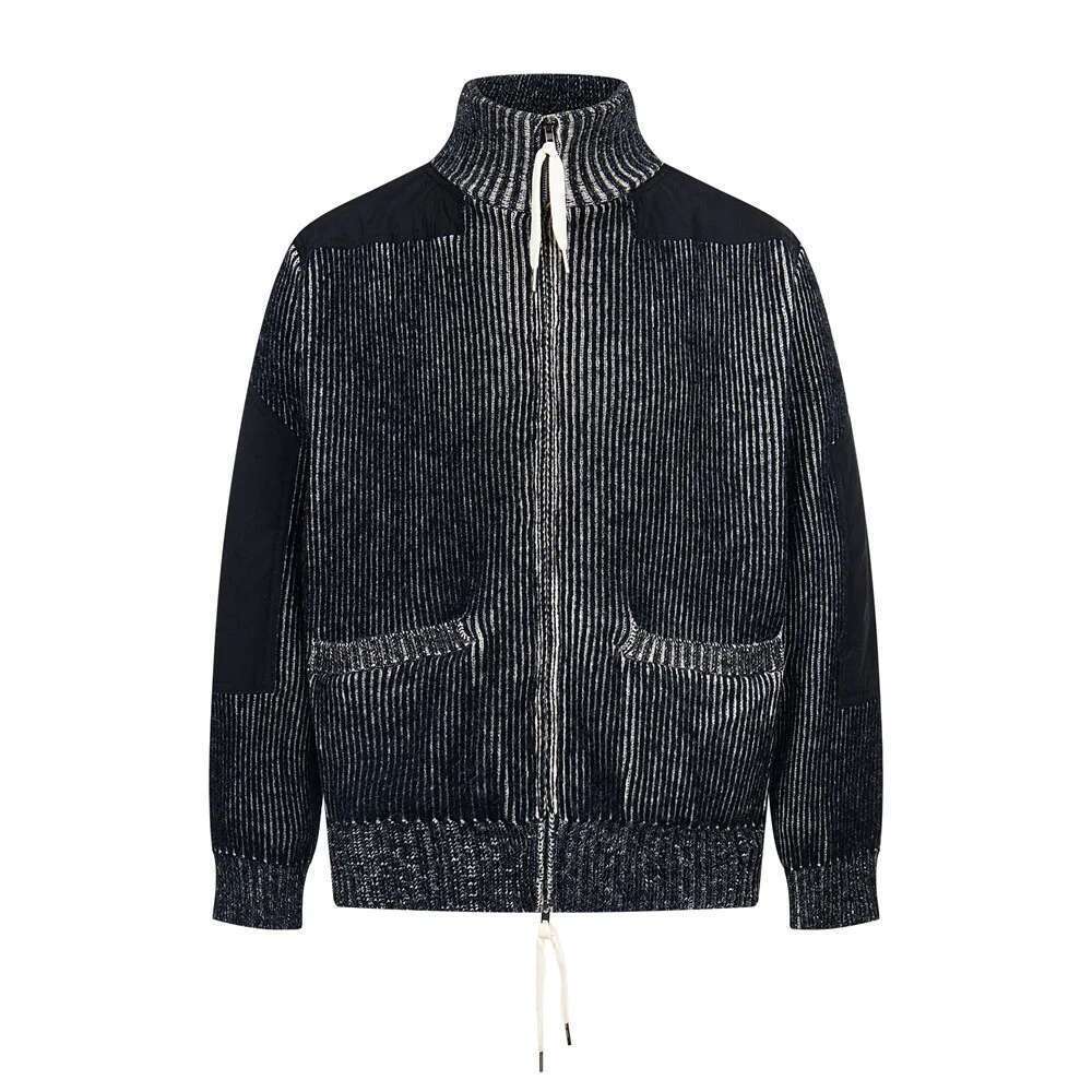 Patchwork Striped Knitted Cardigan Mens Spring High Street Pocket Stand Collar Long Sleeve Sweatercoat Men
