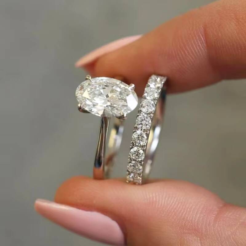 Unique Bridal Jewelry 14K White Gold 7x10mm Oval Diamond Solitaire Wedding Fine Jewelry Rings Moissanite Ring Set