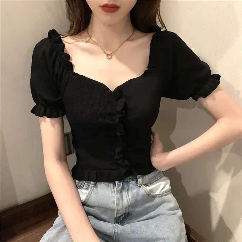 New Summer Sweater Ice Silk Puff Black Ears V-neck T-shirt for Women Slim Sleeves Short Top