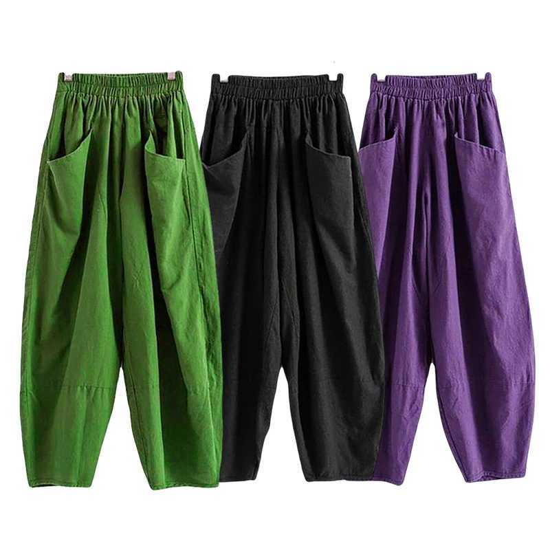 New womens cotton linen harem pants casual mens summer loose elastic waist pocket mens retro ankle length wide leg pantsXJ250403