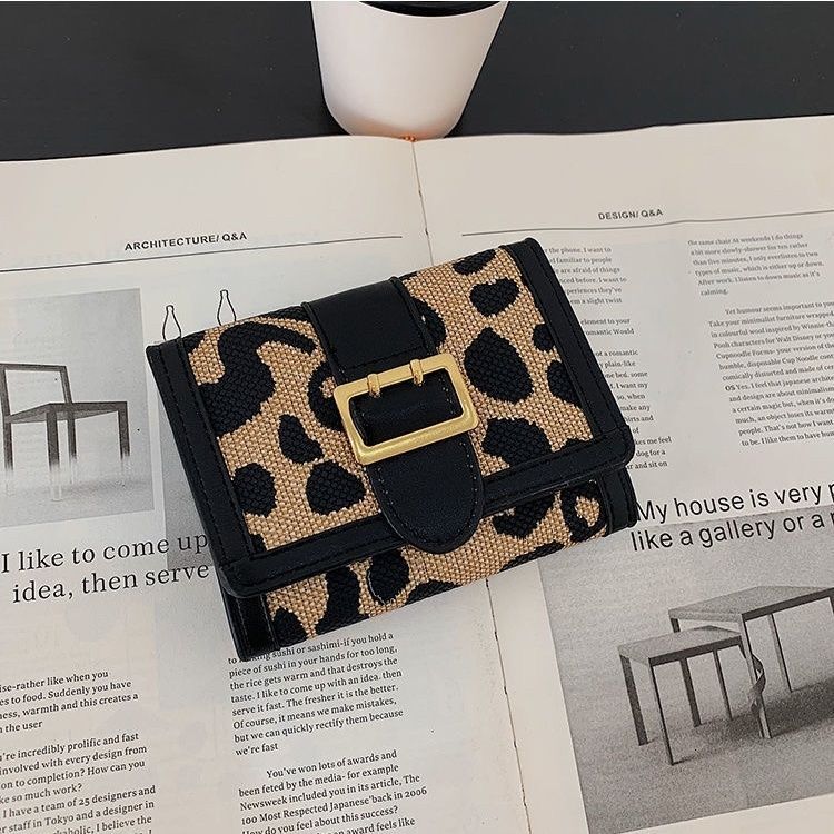 Fashion leopard print canvas wallet short coin wallet multi card slot buckle long handbag new trendy designer wallet