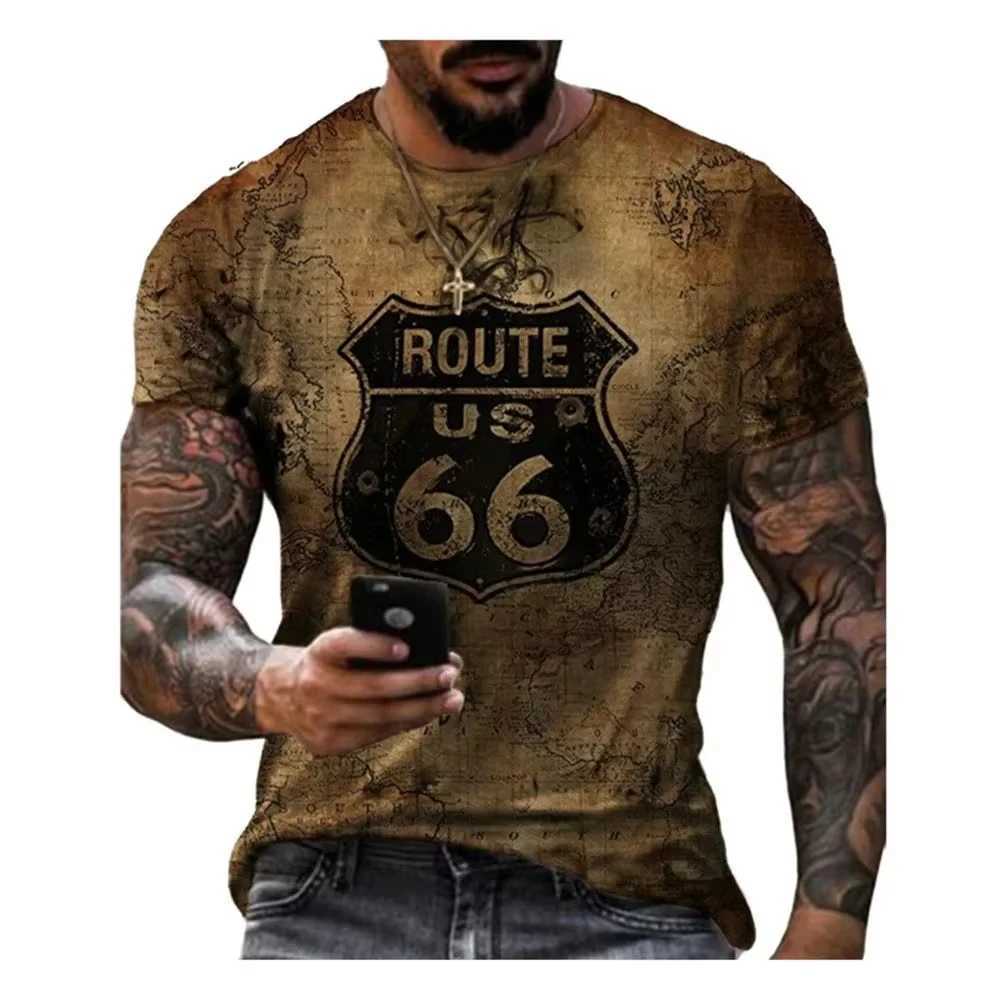 Hot selling summer mens clothing mens oversized short sleeved mens 3D printed classic retro short sleeved top Highway 66 T-shirtXJ250409