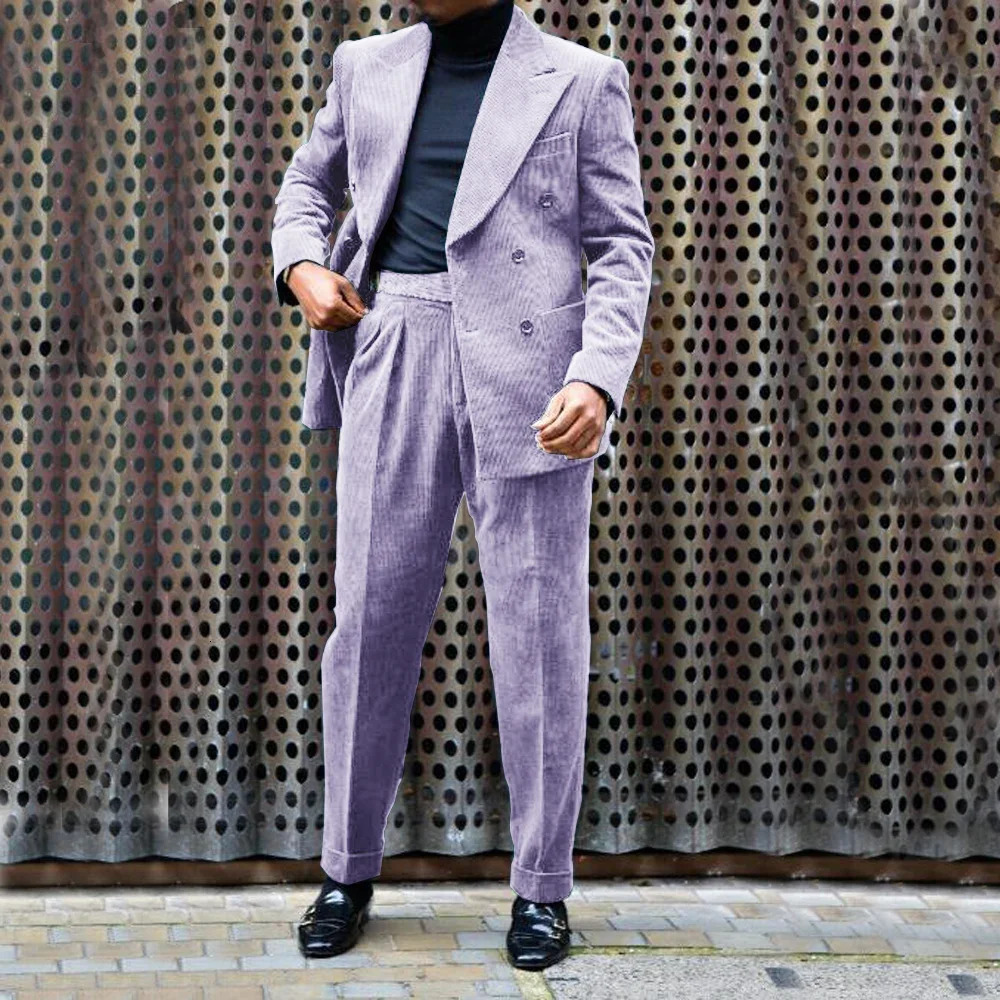 Mens Corduroy Suit Lapel 2 Piece Jacket Pants Double Breasted Party Casual Mens Wedding Outfit Full Suit 250408