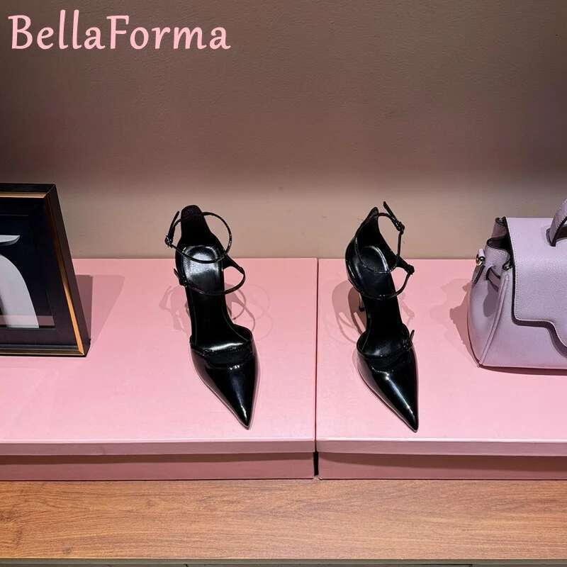 Women Pointed Toe Patent Leather Metal Stiletto High Heels Ankle Strap Double-Breasted Belt Buckle Simple Banquet Formal Sandals