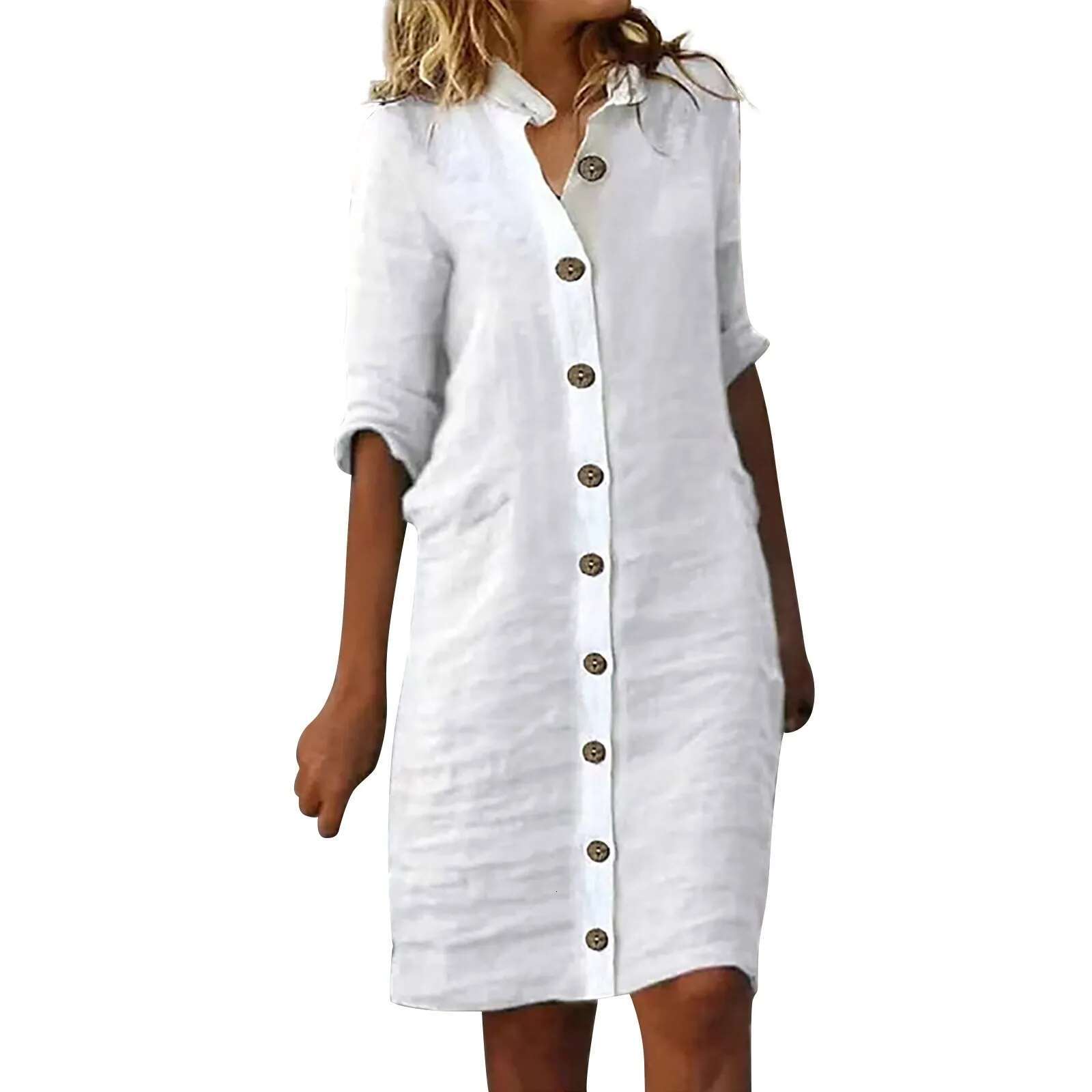 Dongdumaoyi Summer Cotton Linen Shirt Dress Women Button Half Sleeve Casual Mini Dresses Elegant Loose Beach Party Vestidos