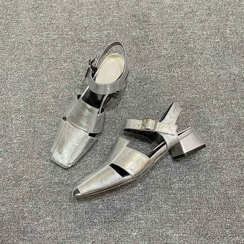 New Arrival Summer hollow womens sandals siLVer short and chubby pump luxury design strap sling back gladiator Roman shoes Zapatos De Mujer T250409