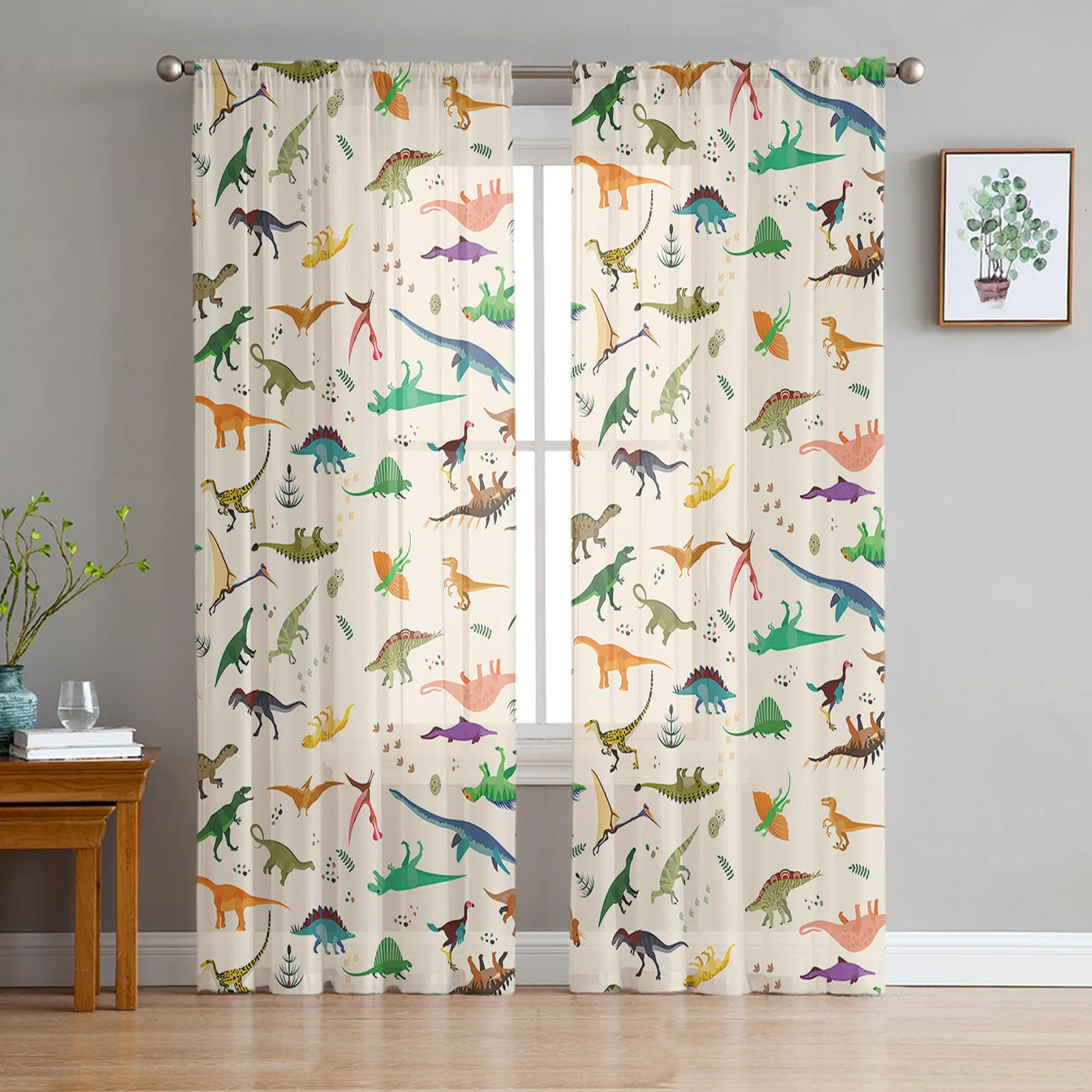 Colorful dinosaur chiffon transparent window screen living room curtains bedroom modern Voile organic decorative curtains 250409