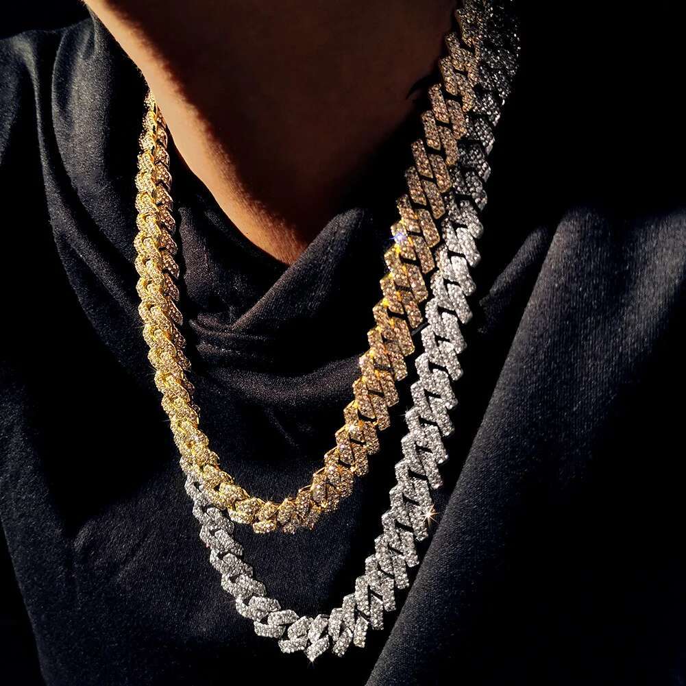 16/18/20/22/24inch Gold Color Cuban Link Chain for Women Men 2 Row Rhinestone Rhombus Prong Cuban Necklaces Hip Hop Jewelry