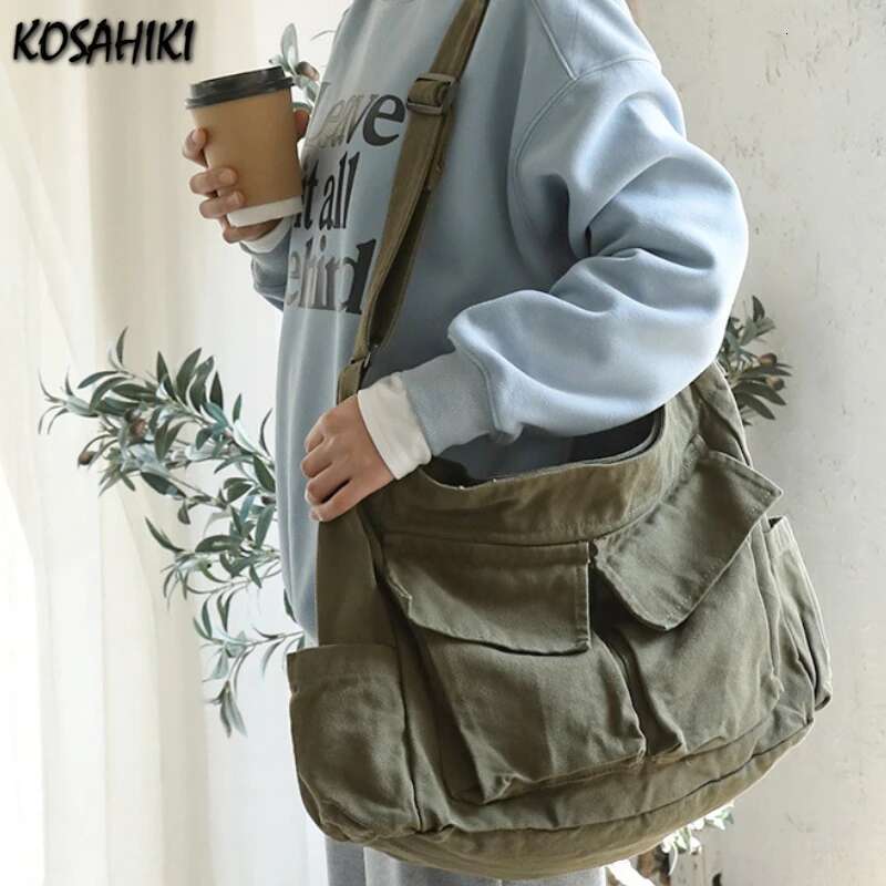 Japanese High-Capacity Simple Shoulder Messenger Bags Casual Vintage Pocket Canvas Bag Grunge Y2k Women Solid Handbags Crossbody