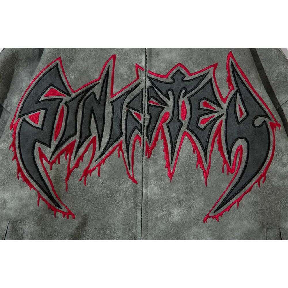 Flame Letter Leather Jacket Mens High Street Autumn Winter Loose Stand Collar Long Sleeve Zipper Fly Outerwear Men