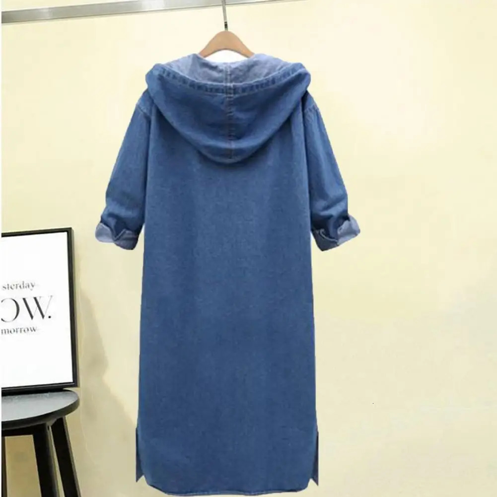 Womens denim jacket full sleeves loose hooded womens long open top single shoulder strap windproof 250409