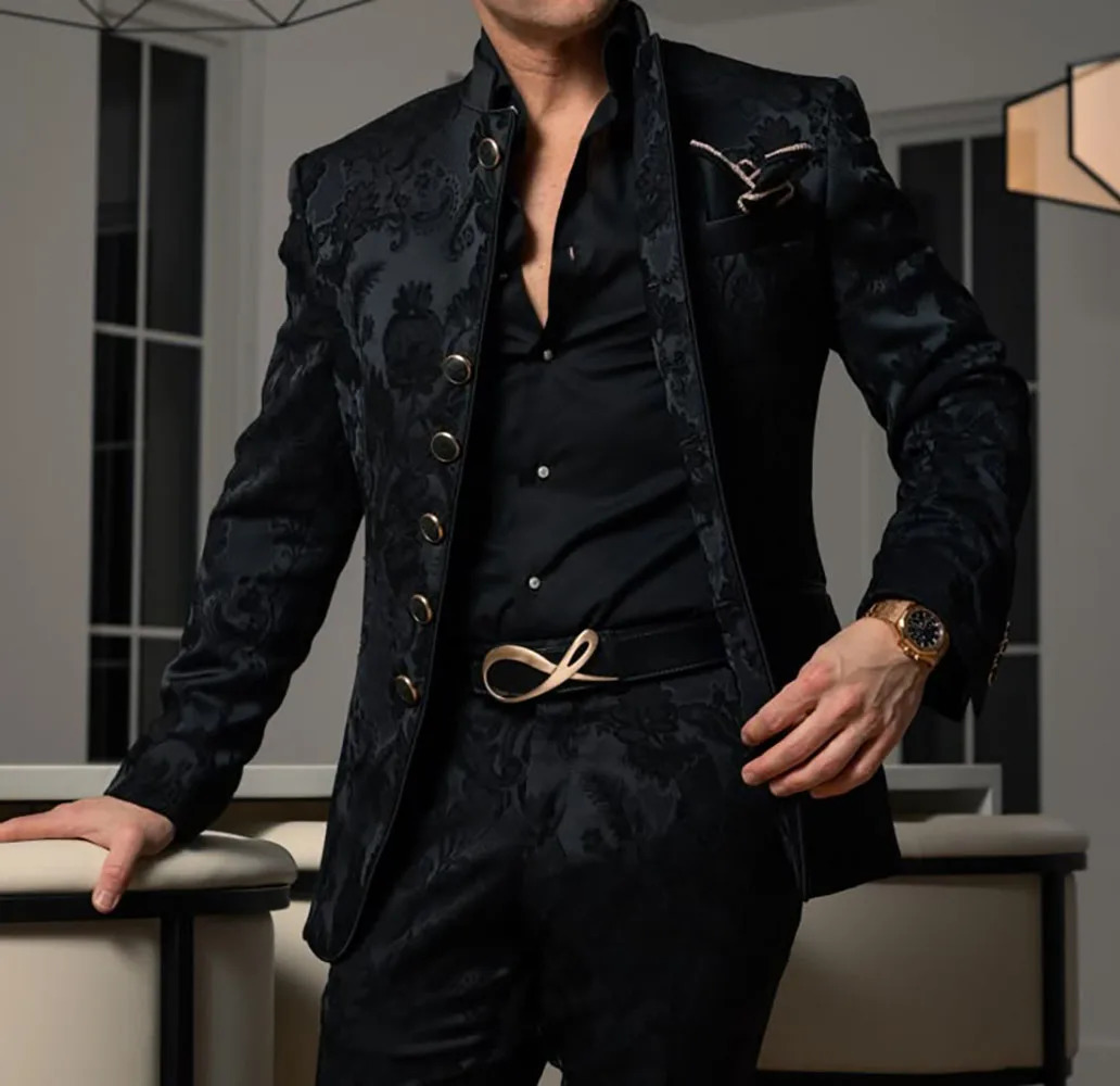 Pattern Black Mens Set 2-piece Jacket Pants Wedding Groom Evening Dress Stand up Collar Jacket Classic Jacquard Set 250408