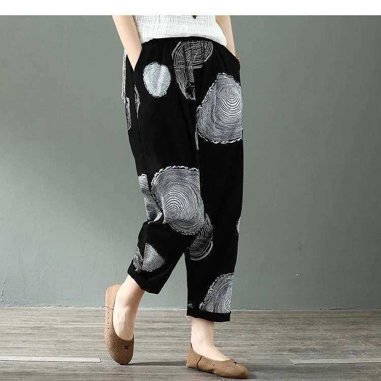 Summer harem pants for women retro fashion printed loose cotton linen pants womens casual wide leg pantsXJ250403