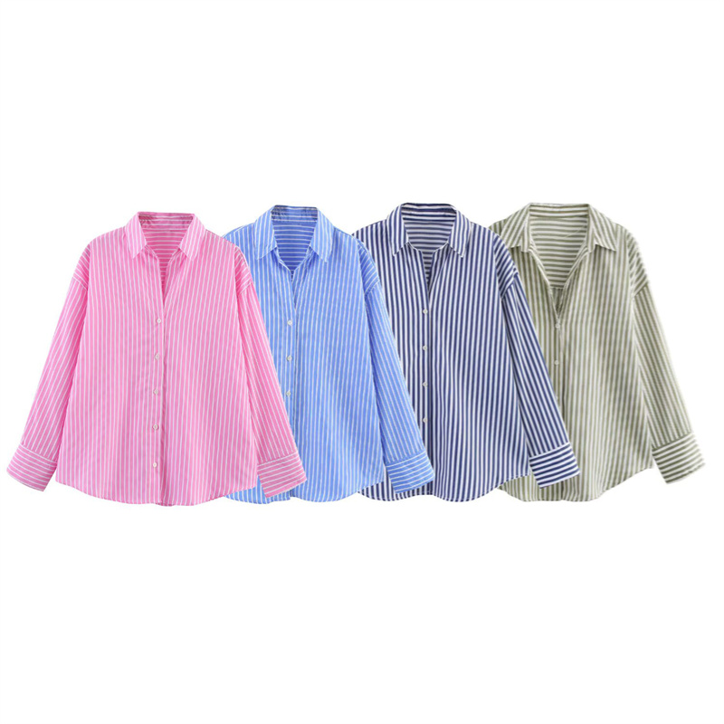 2025 Spring/Summer New Product Women's Fashion Stripe Versatile Collar Long Sleeve Shirt Collar Buckle Decoration