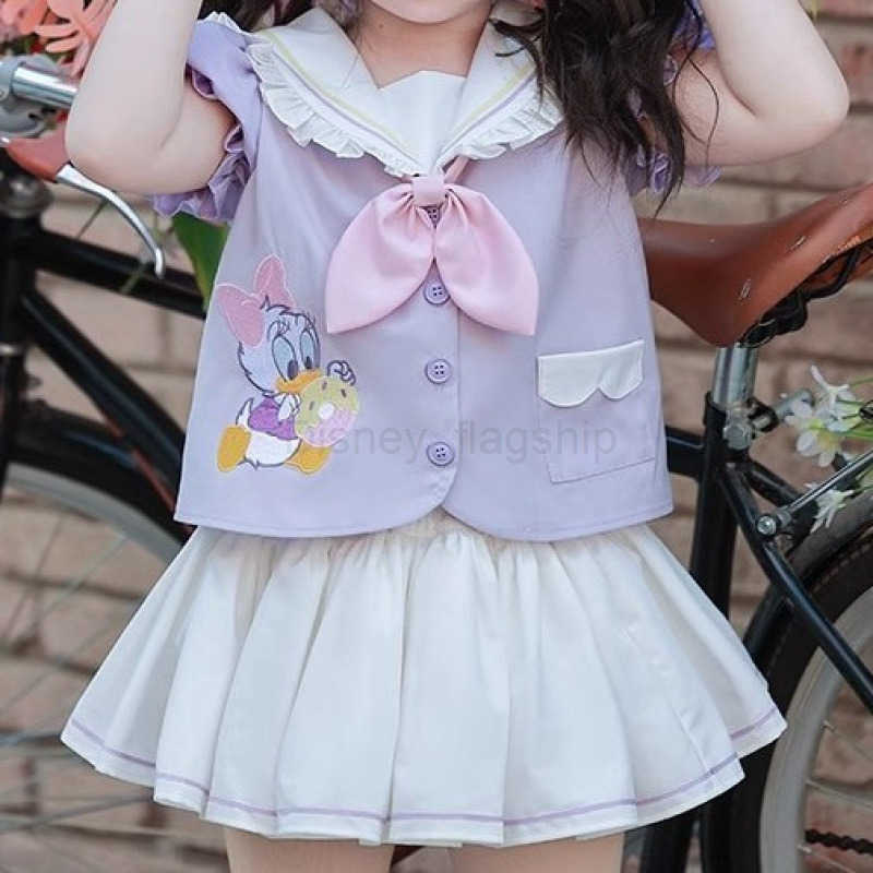 Disney Girl Donald Duck Sailor Set Summer Cute College Style JK Pong Skirt Cartoon Anime Two Piece Set TrendyXJ250409