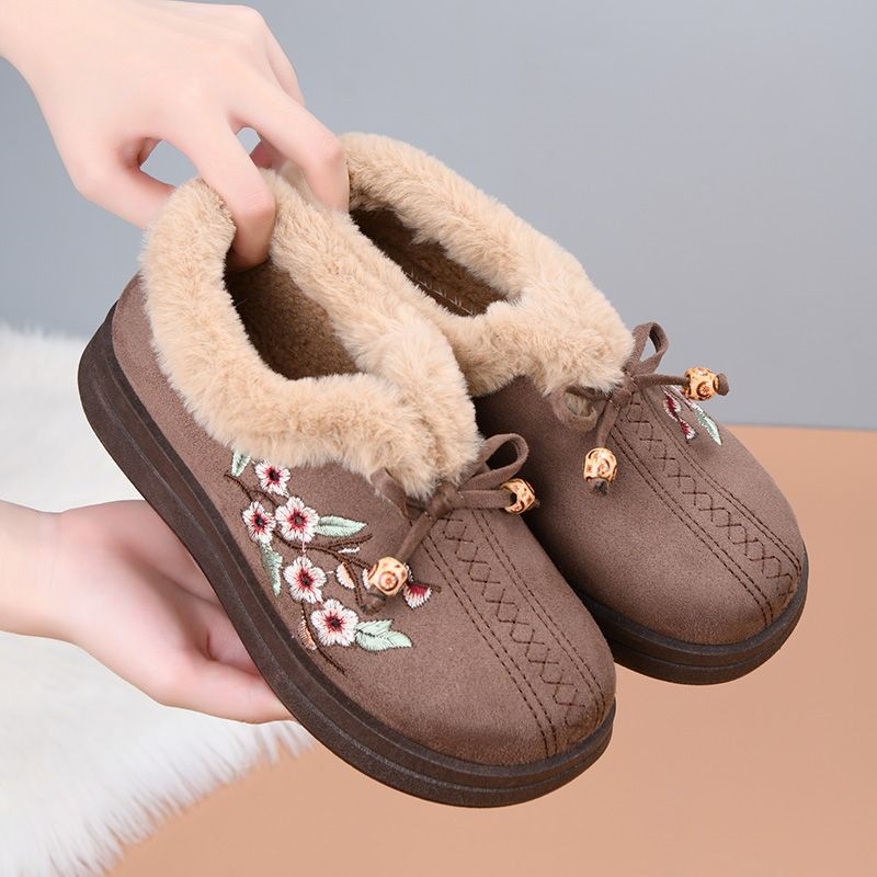 Winter Fleece-Lined Thickened Warm Mid-Senior Mother Shoes Old-Style Cloth Shoes for Women Cotton Boots Flat-Soled Non-Slip Grandma Cotton B