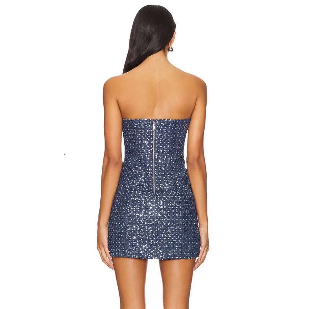Sexy Strapless Denim Sequins Patchwork Mini Dress Women Blue Sleeveless High Waist Bodycon Dresses Nightclub Party Tail
