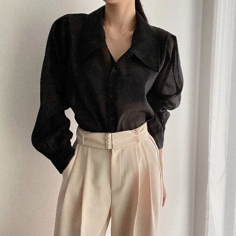 REALEFT SpringSummer Thin Womens Top Pink Long Sleeve Single Chest Solid Elegant Shirt 250409