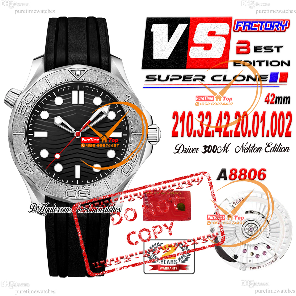 Diver 300M Nekton Edition A8800 Automatic Mens Watch VSF V2 Rotating Bezel Black Wave Texture Dial Rubber Strap 210.32.42.20.01.002 Puretimewatches