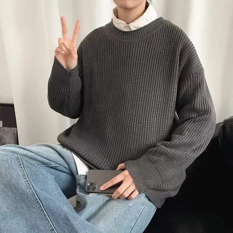 2025 Autumn Crew Neck Solid Color Pullover Sweaters For Men Casual Y2K Knitted Sweater High Street Fashion Jumpers Hombre 250409