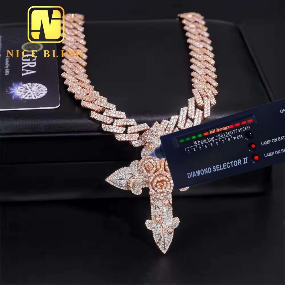 NEW ARRIVAL 3d Rose Cross Pendant Moissanite Pass Diamond Tester Iced Out Pendant Religious Jewelry Moissanite Hip Hop Pendant