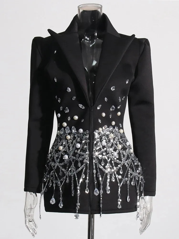 TWOTWINSTYLE applique sequin womens warm dress with lapel long sleeved high waisted patchwork pearl mini style 250409