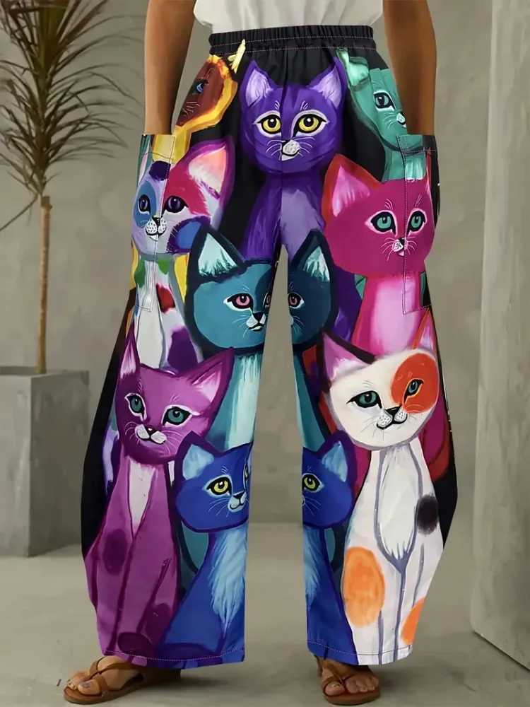 Cartoon and interesting cat colored 3D printed womens double-sided pocket pants city street fashion womens Bloomer casual loose long styleXJ250403