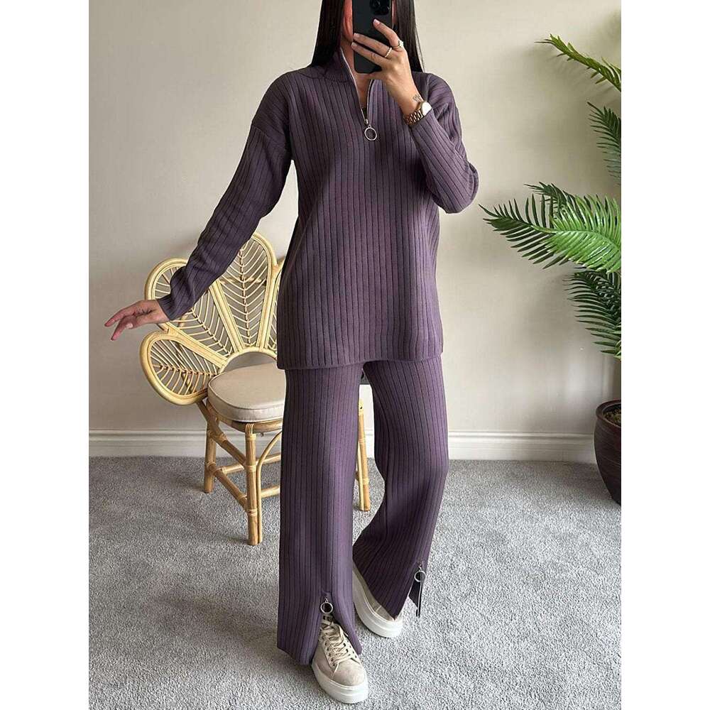 2025 Spring New Women's Solid Color Zipper Knitted High Neck Ribbed Homewear Two-Piece Set