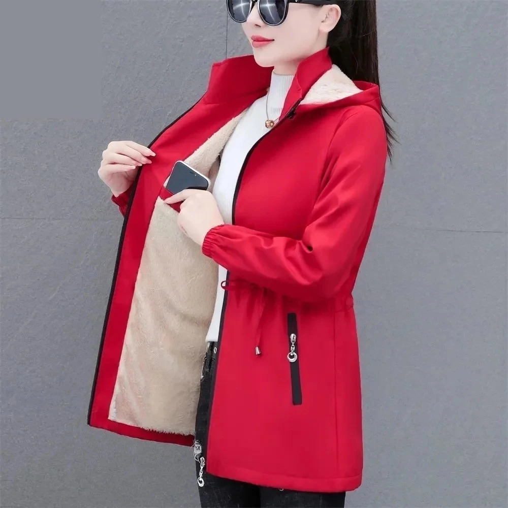 Autumn Winter Jacket Womens Windproof Velvet Warm Medium Length Hooded Trench Coat Korean Top High Quality 5XL 250409