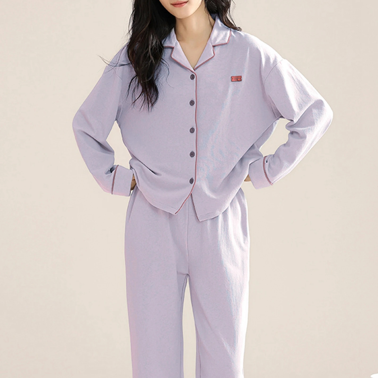Womens sleepwear 100% pure cotton long sleeved purple elegant womens set highquality 250409